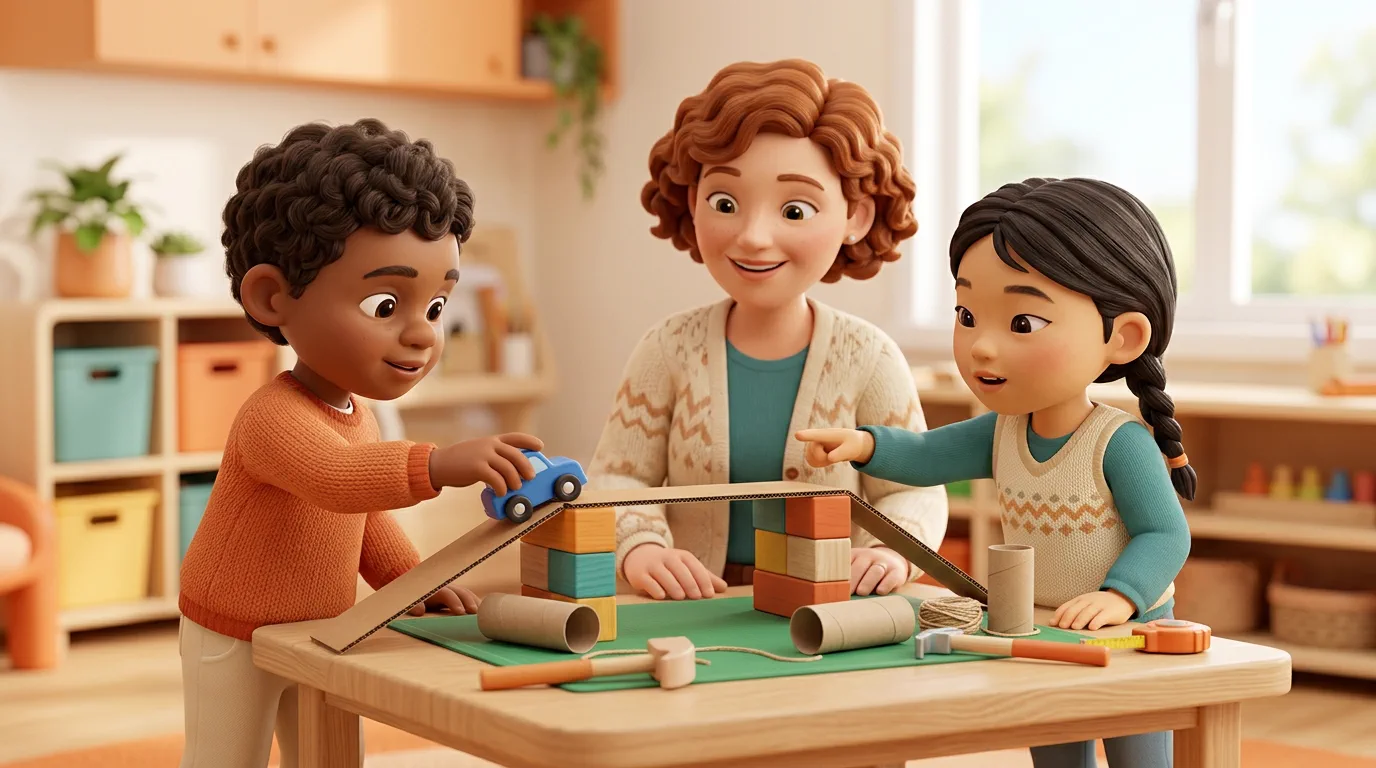 Two preschool children and an adult building and testing a small cardboard bridge with blocks