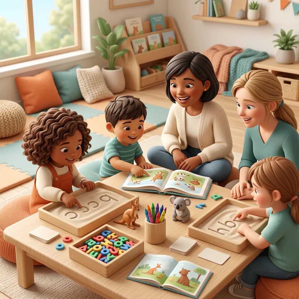 Preschool children and adults doing playful literacy activities with books, letters and pretend-play materials