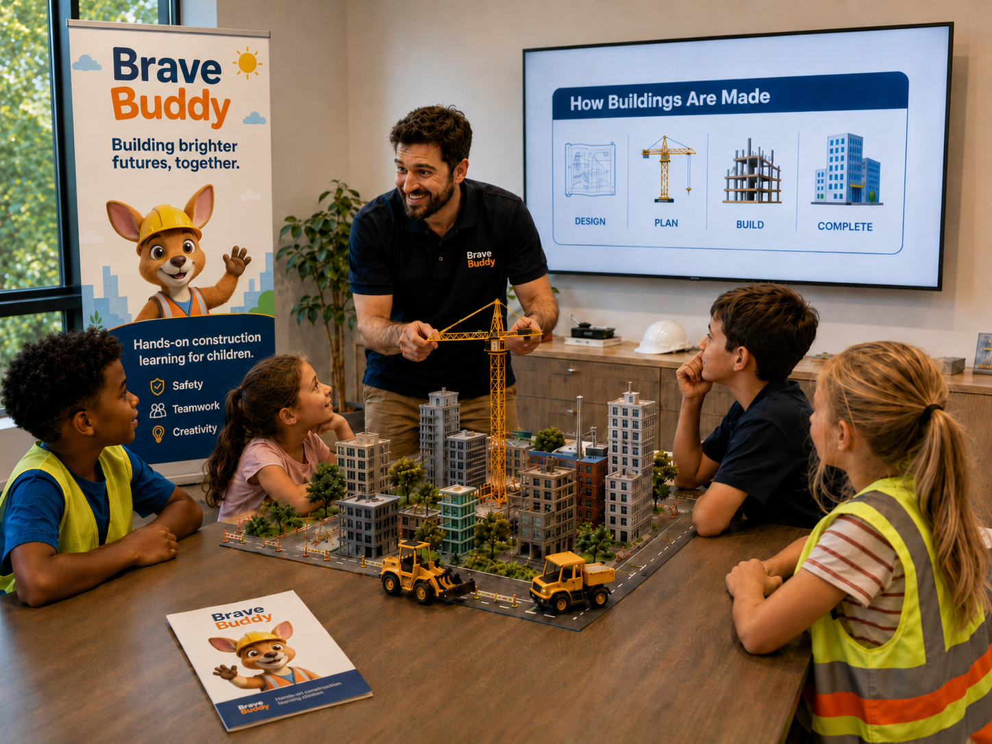 Children learning how buildings are made with Brave Buddy